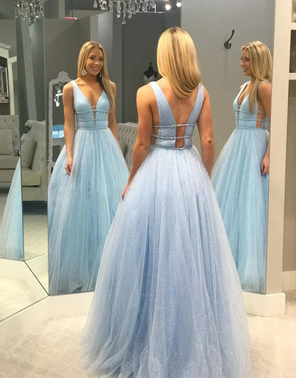 A-Line V-Neck Light Blue Tulle Long Prom Dress