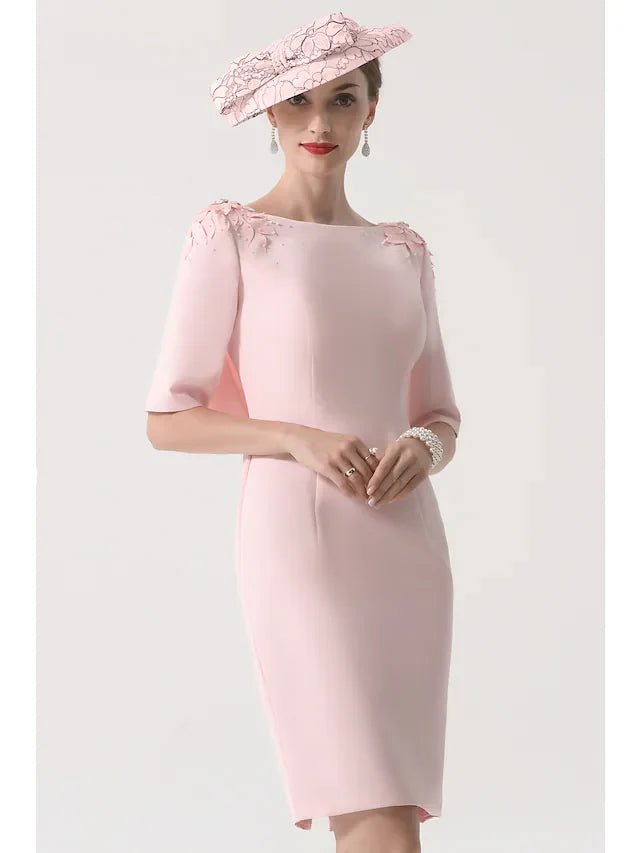 Mother of the Bride Dress Elegant Jewel Neck Knee Length Stretch Satin Half Sleeve with Appliques