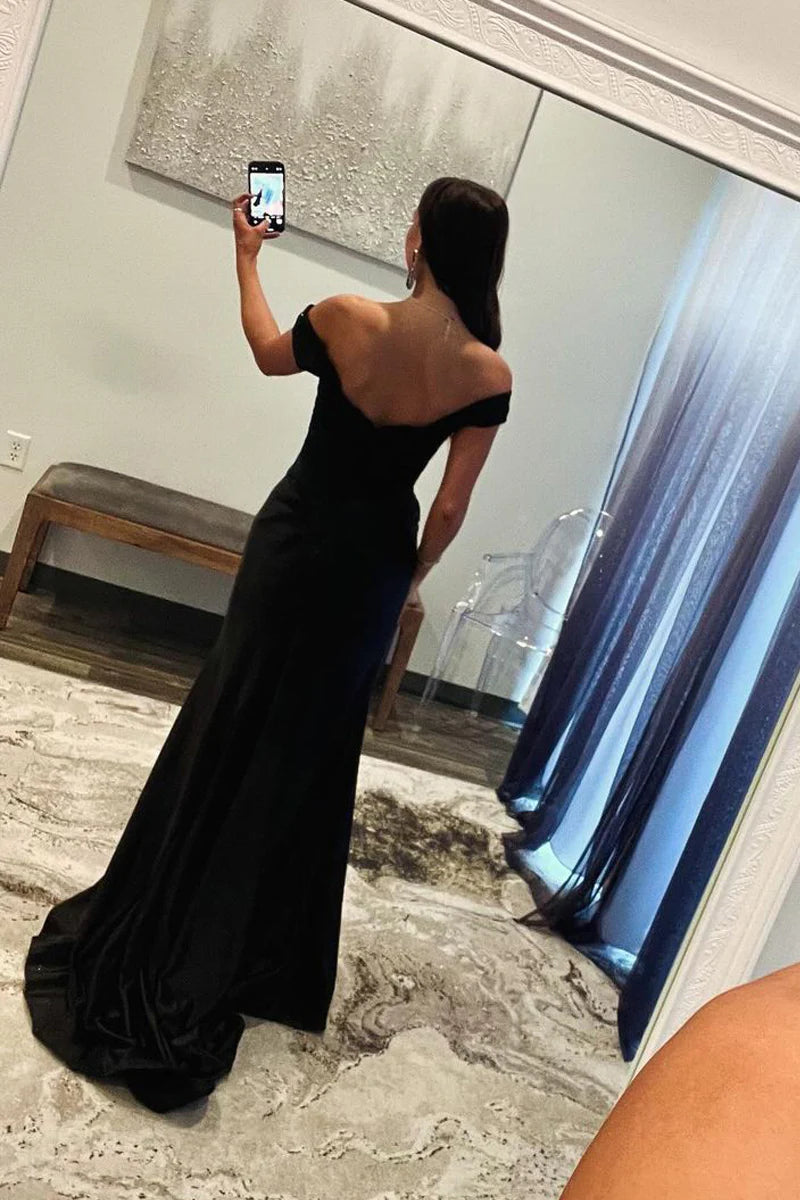Black Off the Shoulder Satin Mermaid Long Prom Dresses with Slit