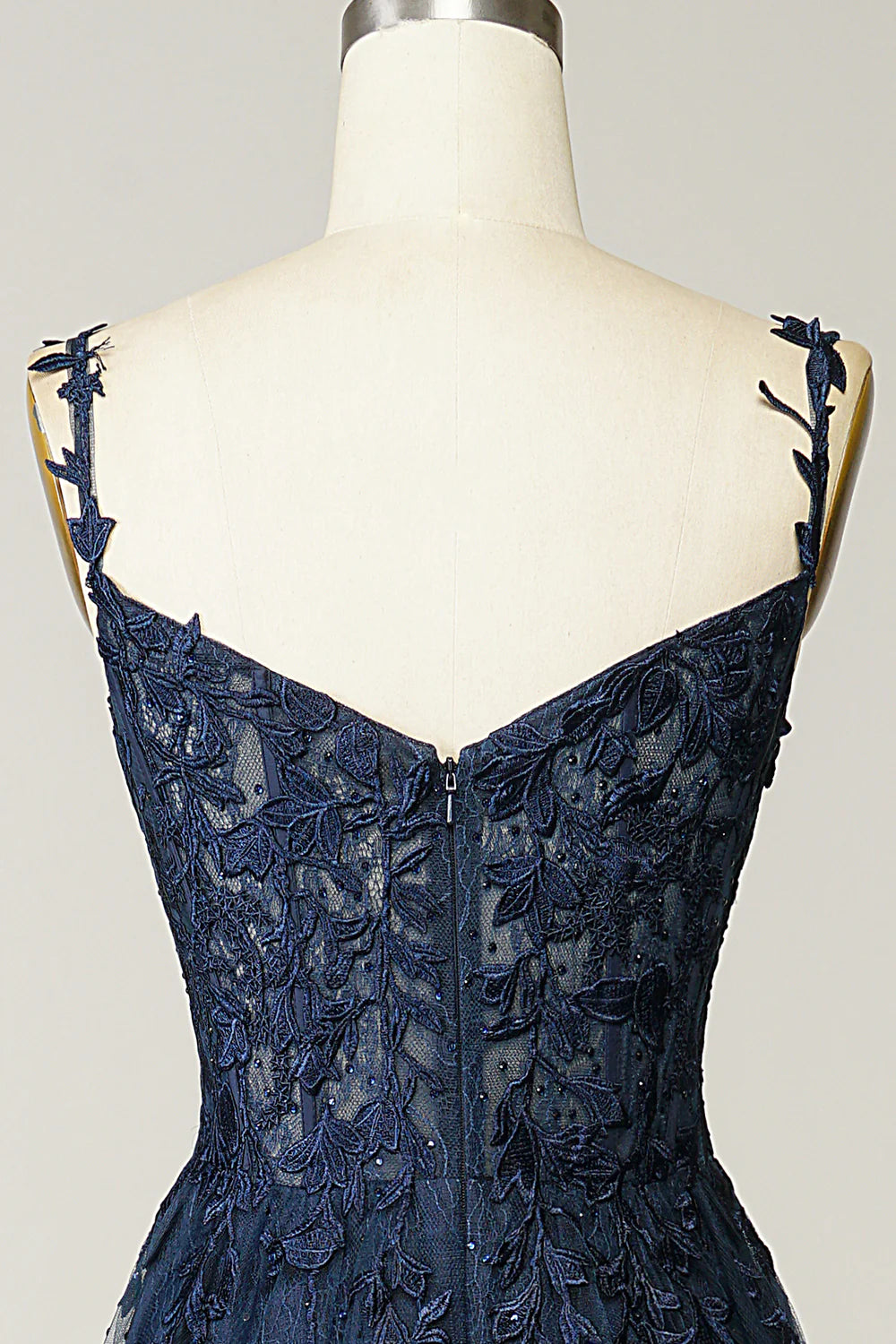 A Line Spaghetti Straps Navy Lace Prom Dress with Appliques Court Train Dresses