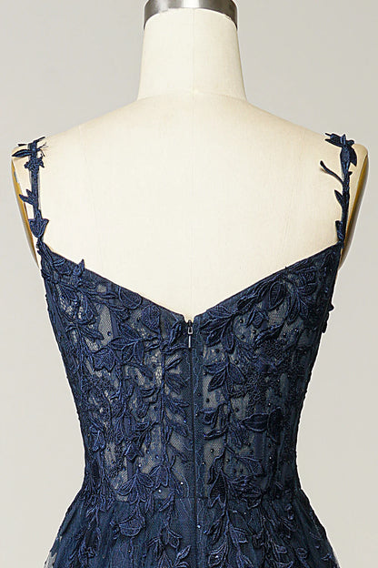 A Line Spaghetti Straps Navy Lace Prom Dress with Appliques Court Train Dresses