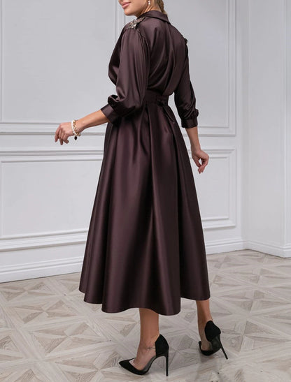 A-Line Wedding Guest Dress Elegant Dress Tea Length 3/4 Length Sleeve Shirt Collar Satin with Pleats