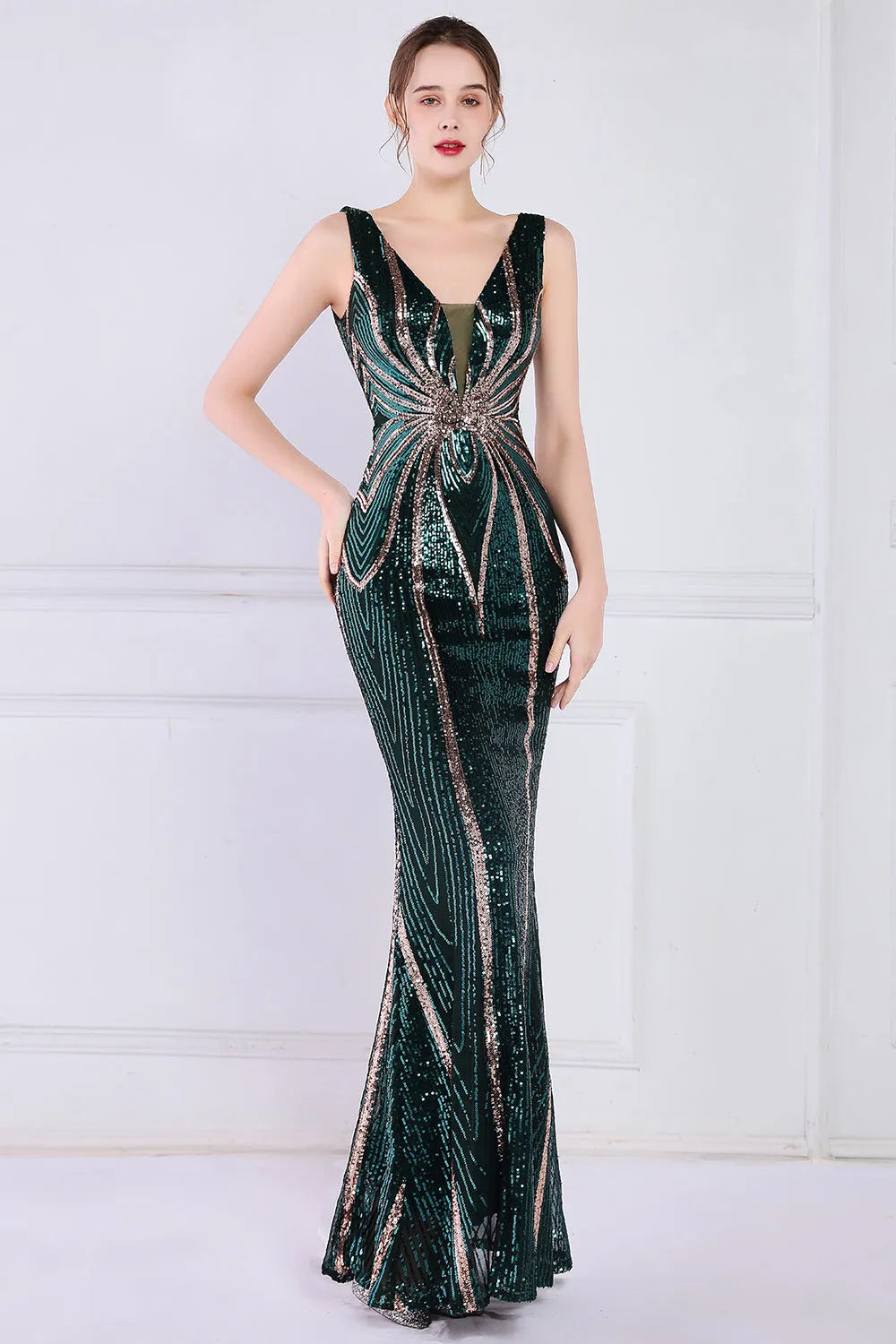 Sequins/Sparkling Apricot Golden Deep V Neck Prom Dress Mermaid Evening Dresses
