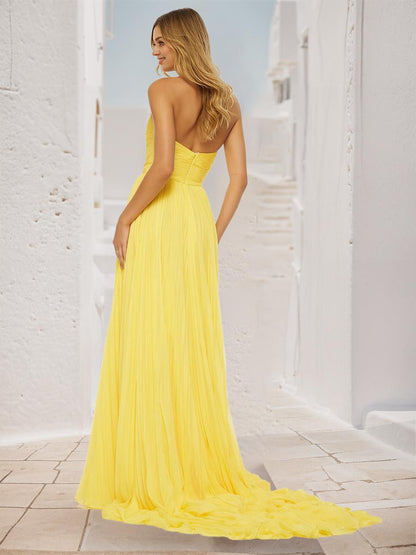 A-Line Sweetheart Neck Court Train Sleeveless Prom Dress Pleated Social Party Dresses