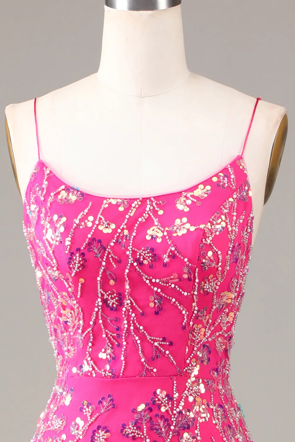 Trendy Mermaid Spaghetti Straps Fuchsia Beaded Long Prom Dress with Criss Cross Back Sweep/Brush Train Dresses