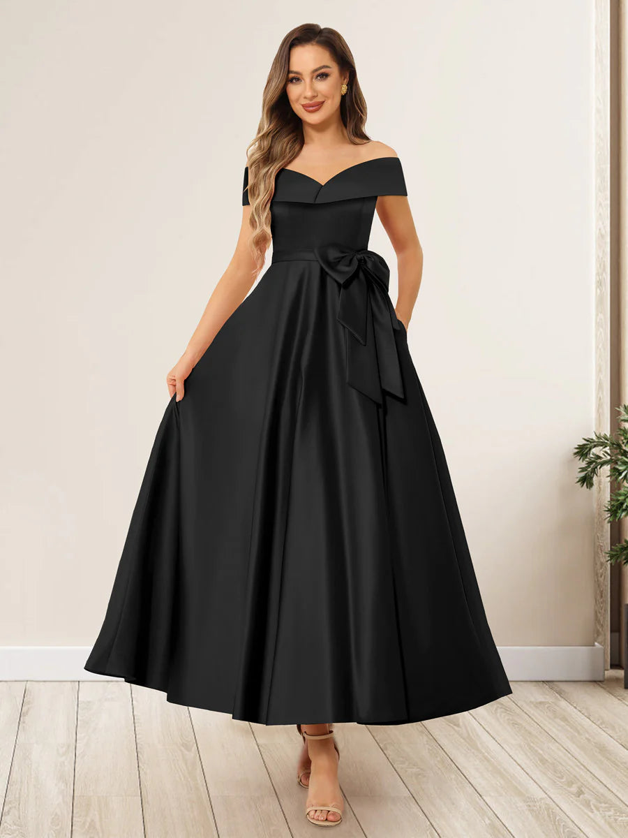 A-Line/Princess Off-The-Shoulder Sleeveless Long Evening Dresses Mother of the Bride Dresse with Bow Knot
