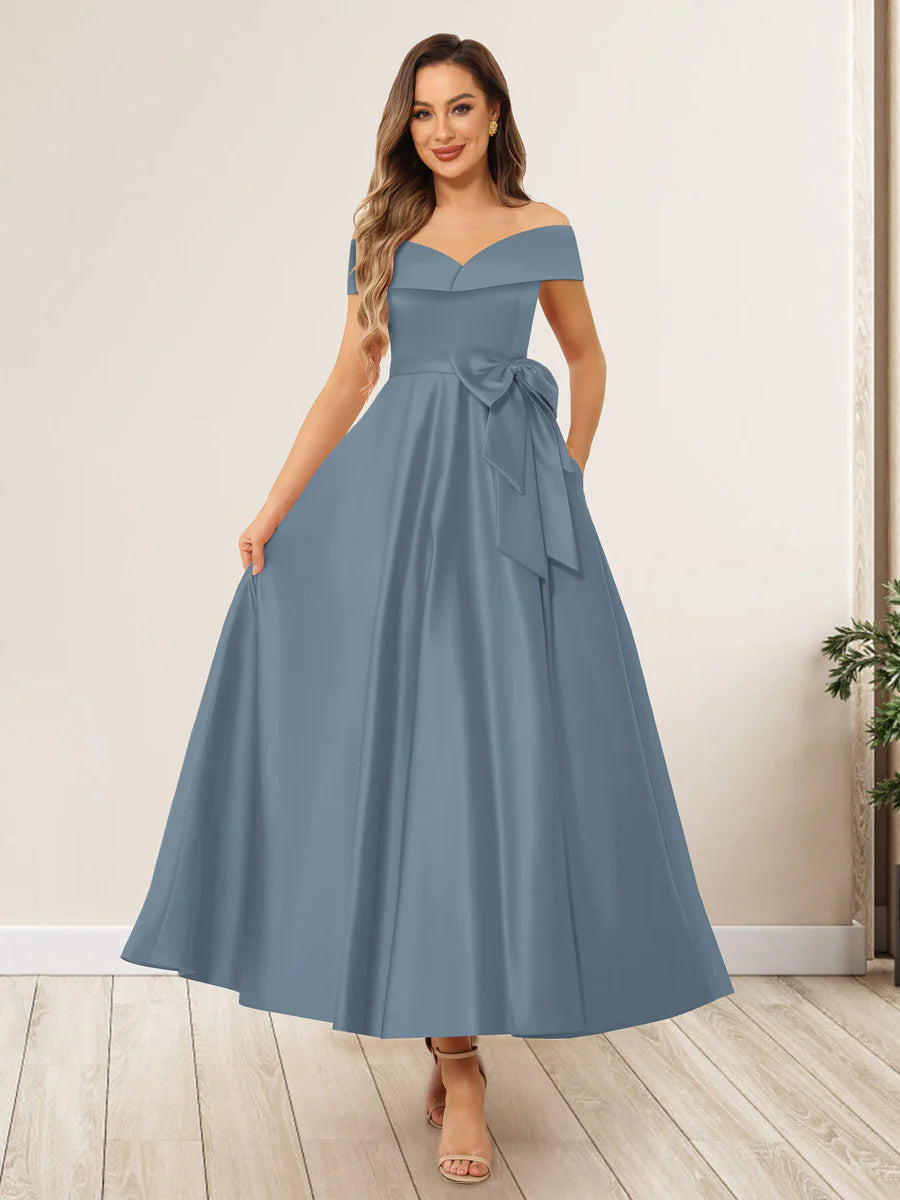 A-Line/Princess Off-The-Shoulder Sleeveless Long Evening Dresses Mother of the Bride Dresse with Bow Knot