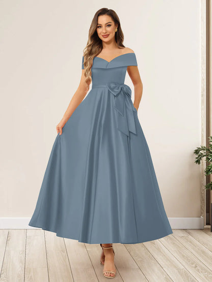 A-Line/Princess Off-The-Shoulder Sleeveless Long Evening Dresses Mother of the Bride Dresse with Bow Knot