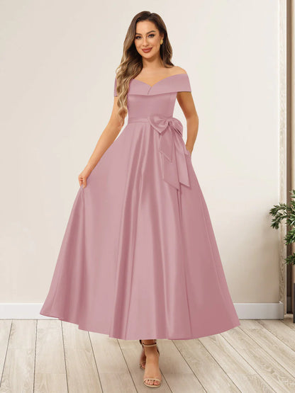 A-Line/Princess Off-The-Shoulder Sleeveless Long Evening Dresses Mother of the Bride Dresse with Bow Knot