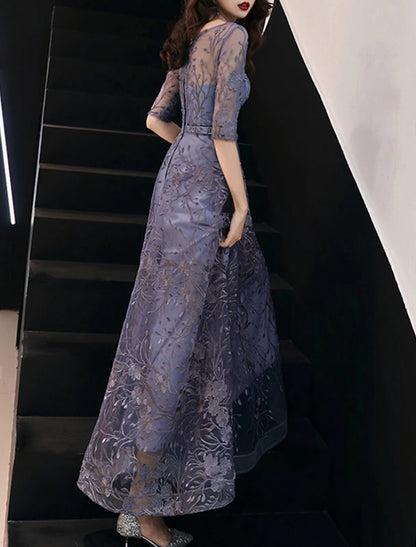 A-Line Evening Gown Wedding Guest Floor Length Half Sleeve Jewel Neck Tulle with Embroidery Pattern / Print