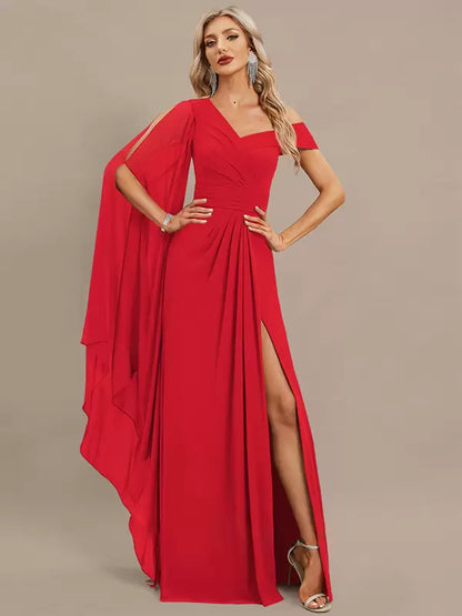 A-Line One-Shoulder Floor-Length Short Sleeves Pleated Chiffon Formal Evening Dresses
