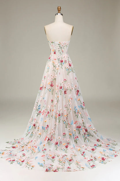 A-Line Sweetheart Corset Prom Dress Court Train Dresses With Flower