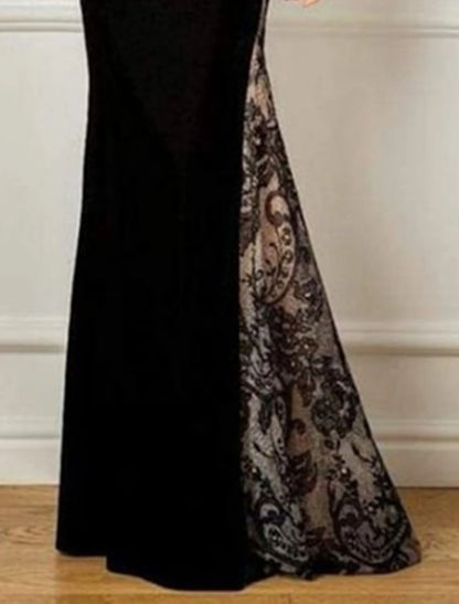 Mermaid / Trumpet Wedding Guest Elegant Black Dress Party Jewel Neck Floor Length Lace Velvet