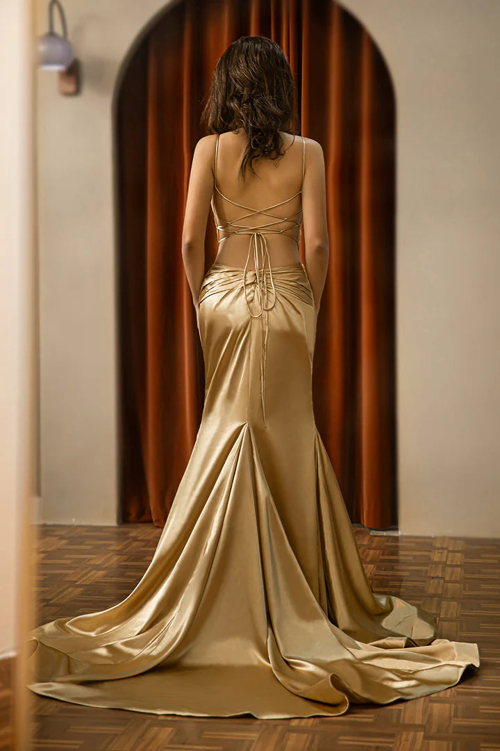 Fitted Satin Open Back Prom Dress Spaghetti Strap Sweep/Brush Train Dresses