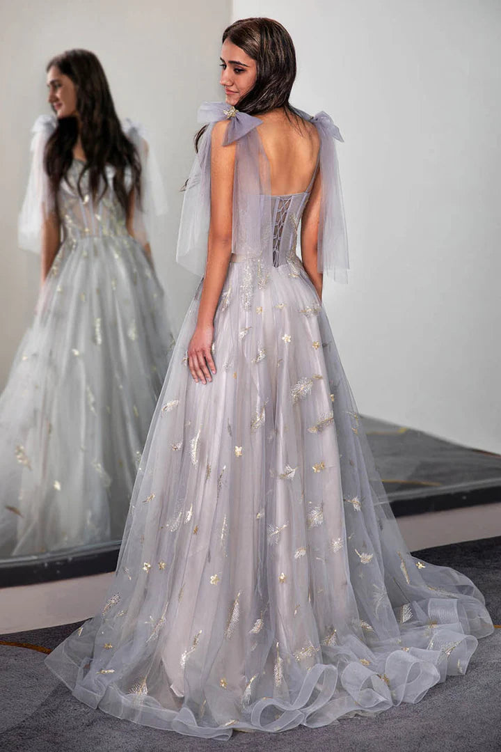 A-Line Princess Tulle Sheer Corset Bodice Prom Dress with Feather Embroidery