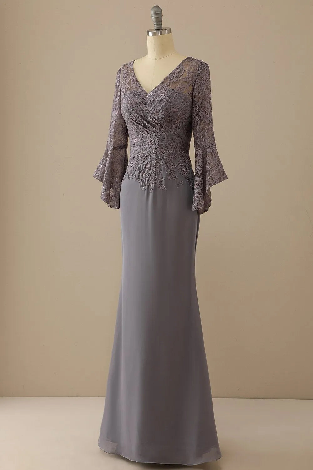 V Neck Lace Mother of Bride Dress Long Sleeves Wedding Guest Dresses
