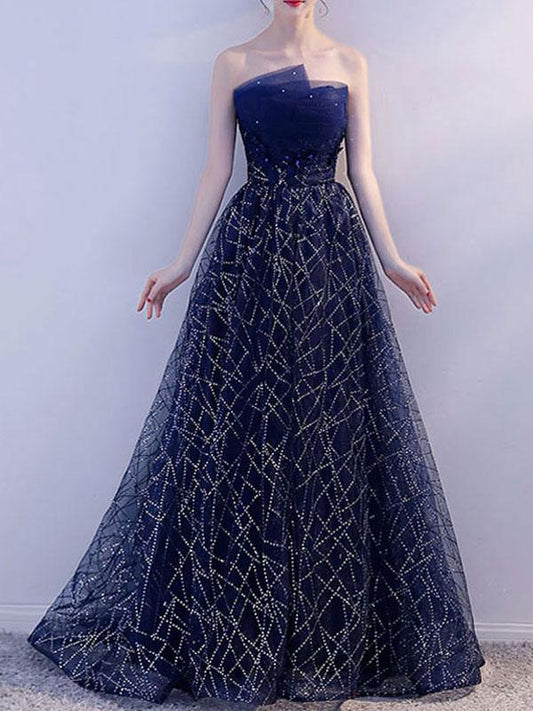 A-Line Strapless Floor-Length Sleeveless Lace-up Lace Evening Dresses