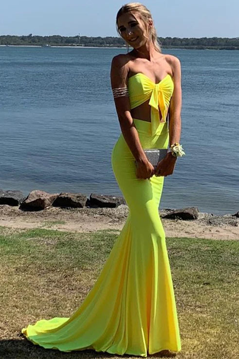 Two Piece Sweetheart Mermaid Yellow Prom Dress Sweep/Brush Train Dresses