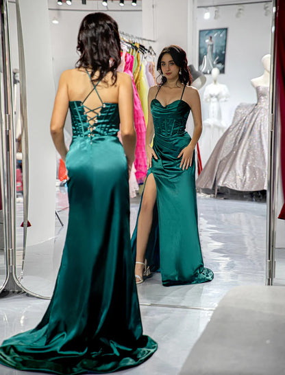 Dark Green Slit Sheath Prom Dress Satin Spaghetti Strap Sweep/Brush Train Dresses