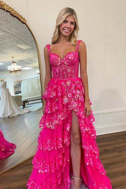 A-Line Princess Slit Layered Ruffle Long Corset Prom Dress with Sequin