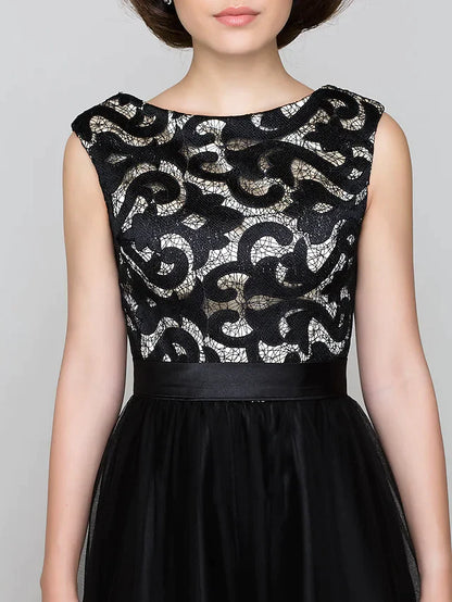 A-Line Mother of the Bride Dress Vintage Inspired Scoop Neck Floor Length Tulle Sleeveless with Pattern Print