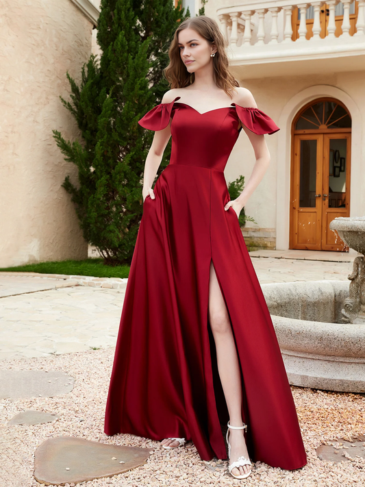 A-Line  Burgundy Off the Shoulder Satin Bridesmaid Gown With Pocket
