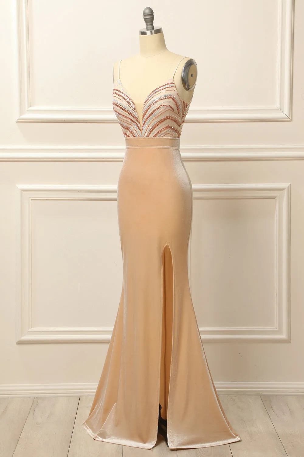 Glitter Blush Formal Dress with Sequins Floor-length Prom Dresses