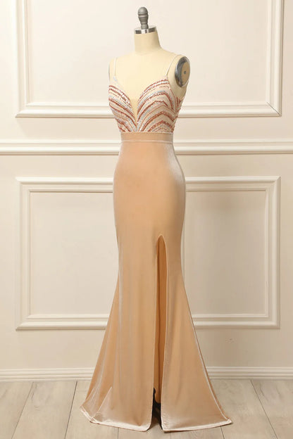 Glitter Blush Formal Dress with Sequins Floor-length Prom Dresses