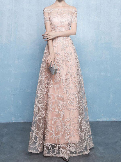 A-Line Bateau Neck Lace Floor-Length Formal Party Dresses Evening Dresses