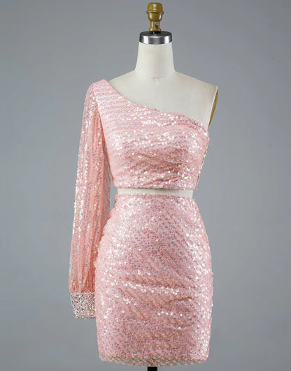 Shiny Tulle Two Pieces With Sequins One Shoulder Homecoming Dress With Sleeve