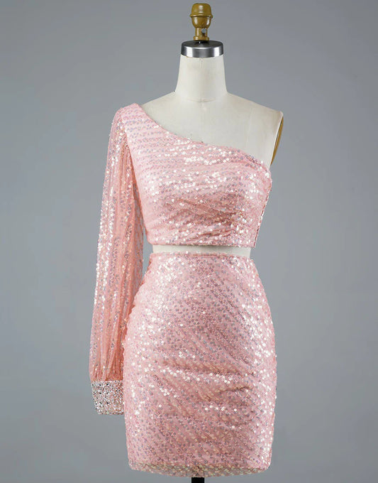 Shiny Tulle Two Pieces With Sequins One Shoulder Homecoming Dress With Sleeve