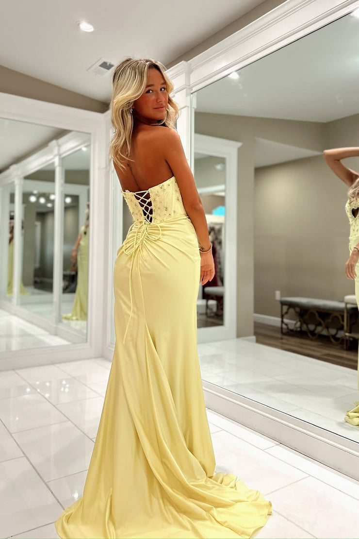 Cute Mermaid Strapless Keyhole Yellow Beading Prom Dress