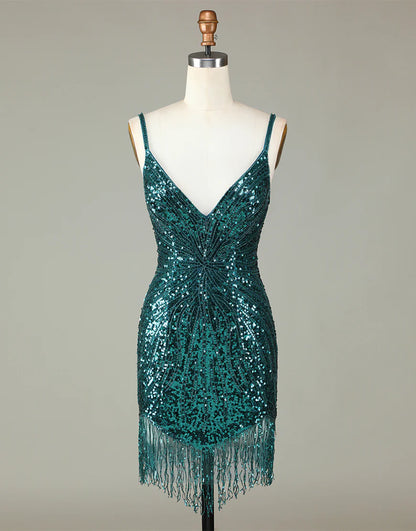 Glitter Deep V-Neck Beaded Short Fringe Homecoming Dress With Lace Up Back