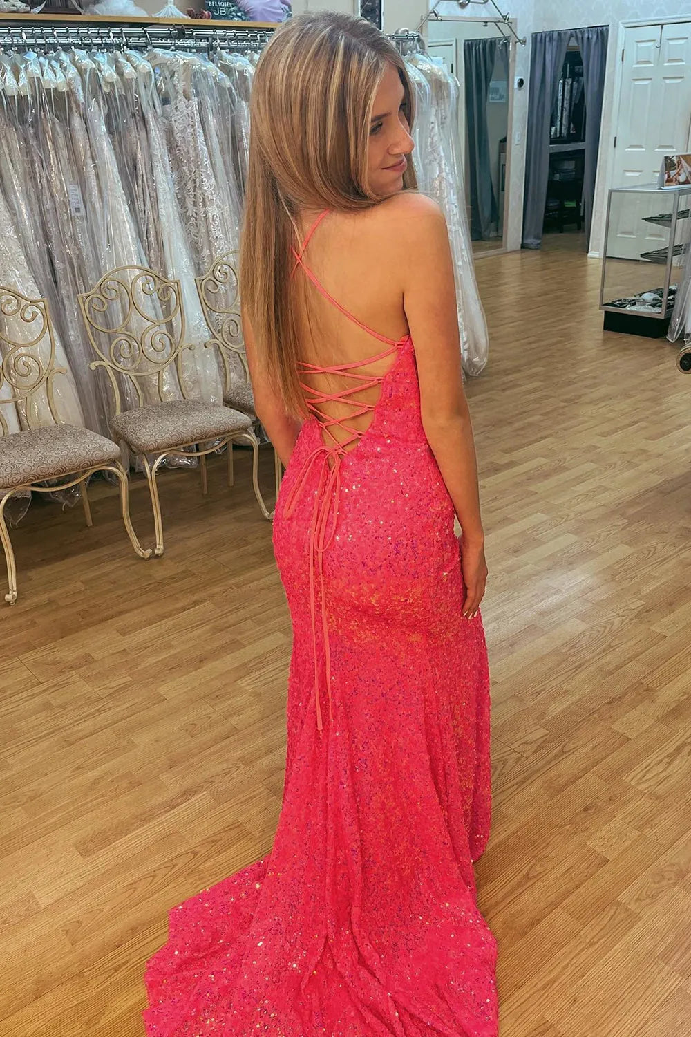 Hot Pink Mermaid Spaghetti Strap Lace-Up Back Sequins Prom Dress Sweep/Brush Train Dresses