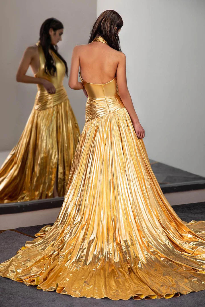 Gold Metallic Halterneck Floor-length Prom Dress Sweep/Brush Train Dresses with Side Slit