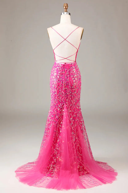 Trendy Mermaid Spaghetti Straps Fuchsia Beaded Long Prom Dress with Criss Cross Back Sweep/Brush Train Dresses