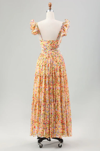 Yellow Flower A Line V Neck Print Pleated Tea Length Midi Dress Bridesmaid Dresses with Slit