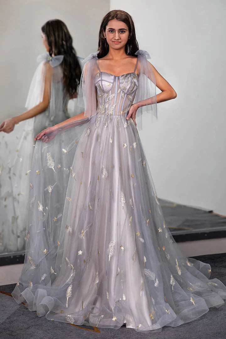 A-Line Princess Tulle Sheer Corset Bodice Prom Dress with Feather Embroidery