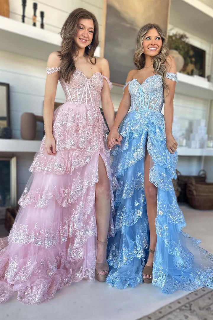 A-Line Princess Slit Layered Ruffle Long Corset Prom Dress with Sequin