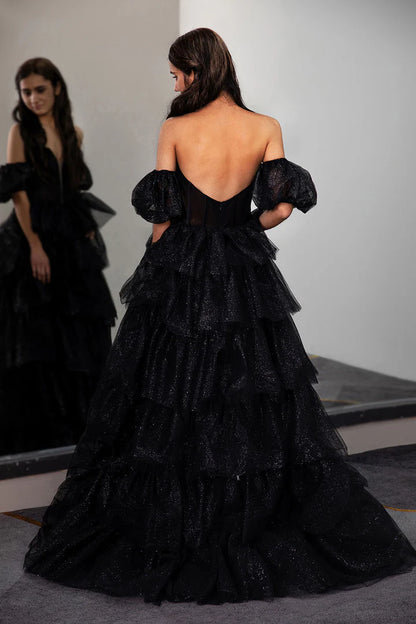 A-Line Princess Black Tiered Strapless Prom Gown with Sleeves Bubble Sleeved Ballgown