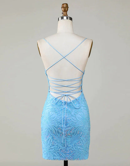 Spaghetti Strap Blue Beaded Lace Up Tight Backless Short Homecoming Dress