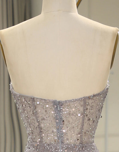 Sparkly Grey Strapless Mermaid Prom Dress Split With Feather