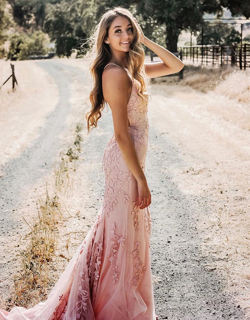 Mermaid Long Dress Backless Tight Lace Prom Dress With Sweep Train