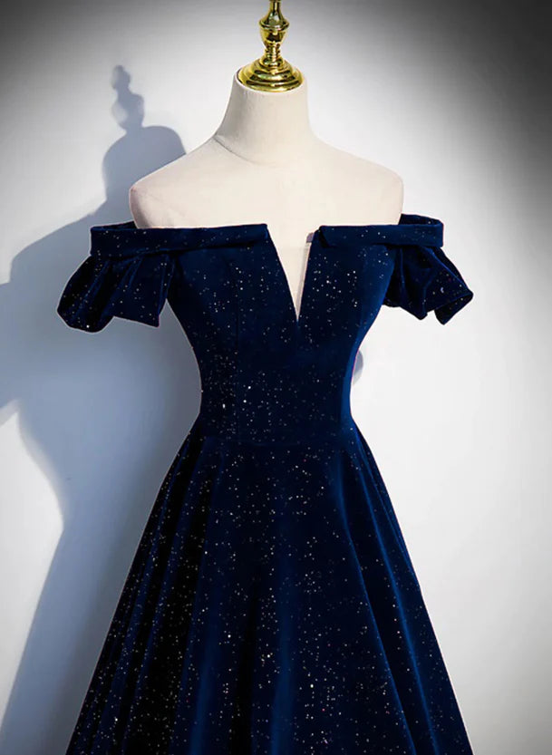 A-line Simple Navy Blue Velvet Off Shoulder Prom Dress Evening Dress