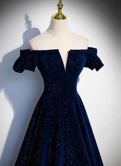 A-line Simple Navy Blue Velvet Off Shoulder Prom Dress Evening Dress