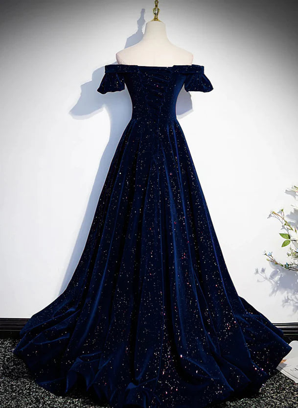 A-line Simple Navy Blue Velvet Off Shoulder Prom Dress Evening Dress