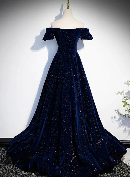 A-line Simple Navy Blue Velvet Off Shoulder Prom Dress Evening Dress