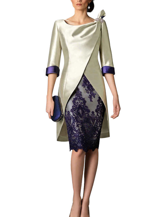 Two Piece Mother of the Bride Dress Wedding Guest Church Vintage Satin Lace 3/4 Length Sleeve Jacket Dresses