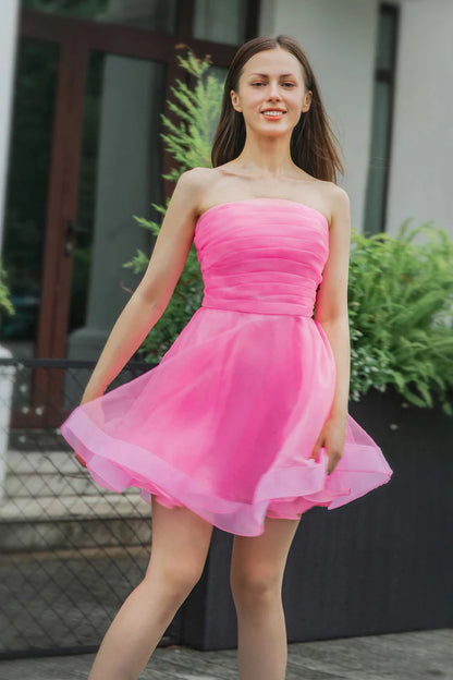 Cute A-Line Light Pink Strapless Tulle Homecoming Dress