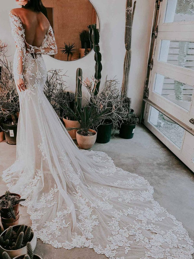 Mermaid Wedding Dress Illusion Neckline Long Sleeves Backless Lace With Train